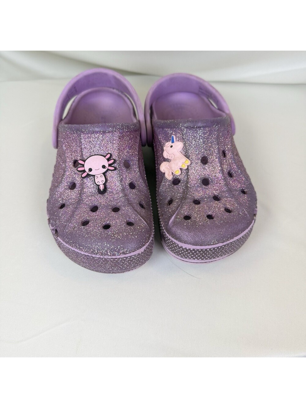 Crocs Girls Clogs Sandals Glitter Unicorn Axolotl Sz 12 GUC Purple Sparkle